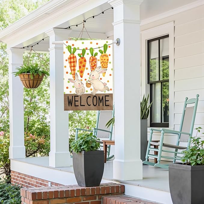 Large Easter Garden Flag 28x40 Inch Double Sided Welcome Bunny and Carrot Yard Flags Spring Outdoor Porch Decorations Farmhouse Easter Bunny House Banners for Lawn Patio Garden and Home Decor