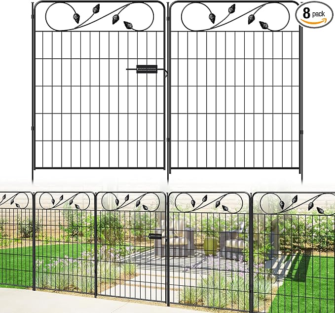Decorative Metal Garden Fence with Gate 36in(H) X18.6ft(L) 1 gate+7 Panels Border Fences Animal Barrier for Dogs No Dig Leaf Black Garden Fencing for Yard Lawn Patio Outdoor