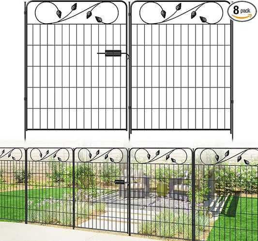 Decorative Metal Garden Fence with Gate 36in(H) X18.6ft(L) 1 gate+7 Panels Border Fences Animal Barrier for Dogs No Dig Leaf Black Garden Fencing for Yard Lawn Patio Outdoor