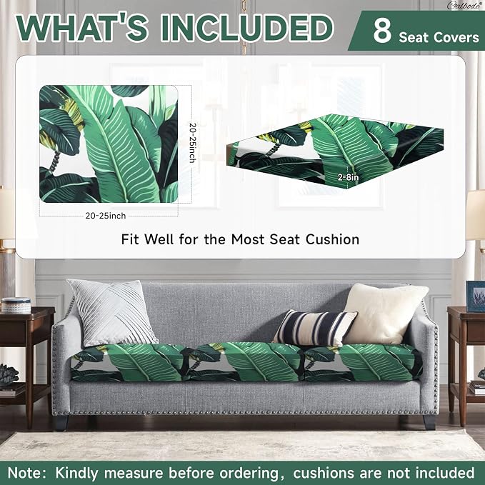 CALBODE 8 Pcs Stretch Outdoor Seat Cushion Covers, Washable Chair Seat Cover for Patio Furniture Cushions Soft Indoor and Outdoor Couch Cover Replacement (Monstera, Cover Only)
