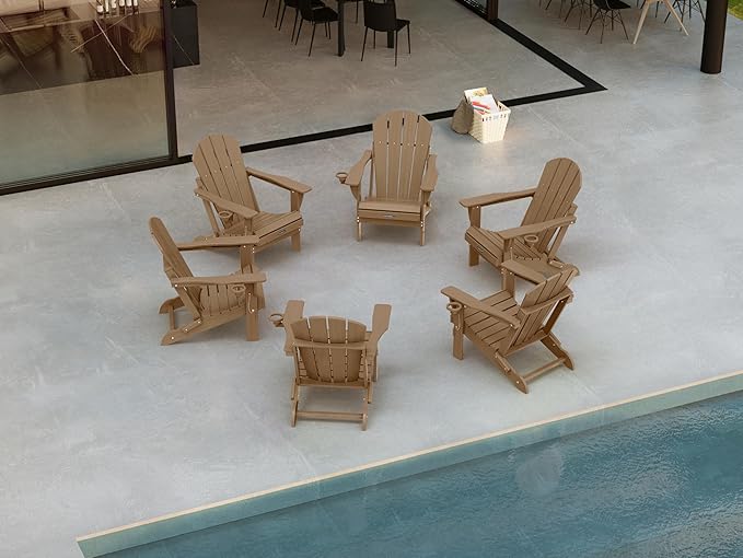 Ciokea Folding Adirondack Chair 6 Pack, Patio Adirondack Chair Weather Resistant, Plastic Fire Pit Chair with Cup Holder, Lawn Chair for Outdoor Porch Garden Backyard Deck (Teak)