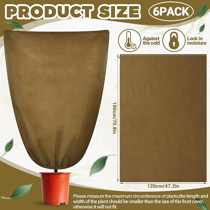 6 Pcs Winter Plant Covers Freeze Protection 48" x 72" 2.2oz Large Tree Wrap for Winter with Drawstring and Zipper Frost Blankets for Plants Frost Cloth Outdoor Cold (Brown)