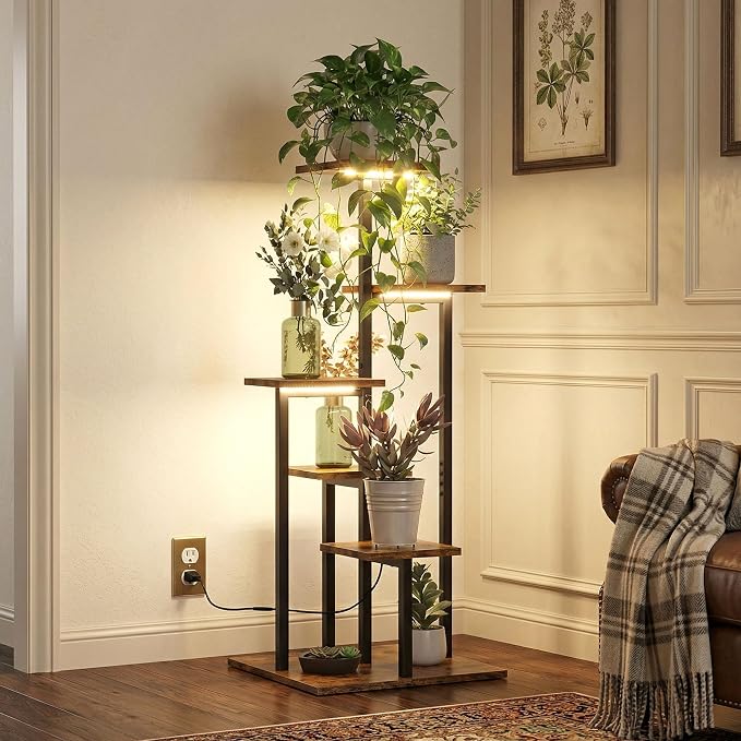 5 Tier Plant Stand Indoor with Grow Light for Multiple Plants | Corner Flower Stand with Vintage Design, Multi-Layer Plant Shelf, Sturdy Build, Ideal for Living Room & Indoor Plant Display