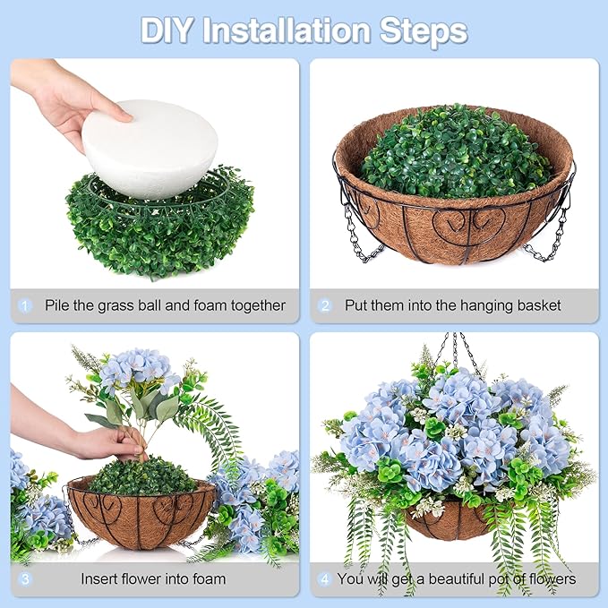 Ammyoo Artificial Hanging Hydrangea Flowers with Basket for Outdoor Spring Decoration, Fake Silk Hydrangea Flower Outdoor Indoor Arrangements, Fake Hanging Plants for Balcony Garden Yard Decor(Blue)