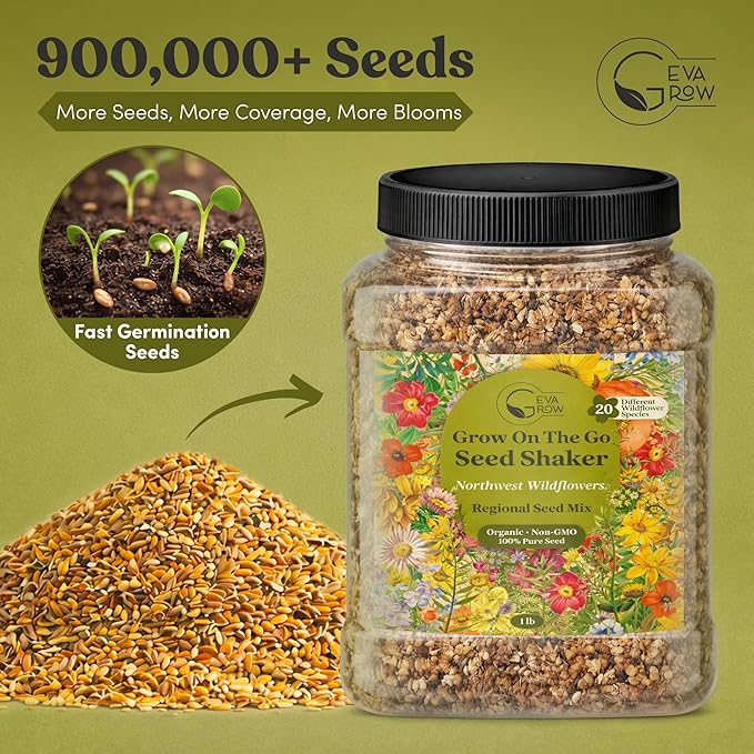 Geva Grow Northwest Wildflower Seeds Regional Mix - Organic, Non-GMO - 100% Pure Seed - 20 Different Wildflowers Seeds of Annual and Perennial, 1 LB Tub