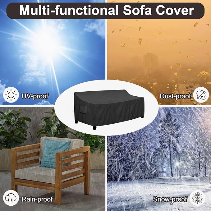 PureFit Outdoor Couch Cover Waterproof Patio Sofa Furniture Covers, 4-Seater Outdoor Cover with Air Vent and Handles, 104W x 40D x 35H Inches, Black