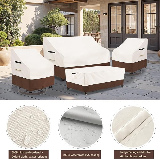 Patio Furniture Covers Set,4-Piece 600D Heavy Duty Waterproof Outdoor Furniture Cover for Patio Swivel Rocker Chairs,Loveseat and Coffee Table,Beige & Brown