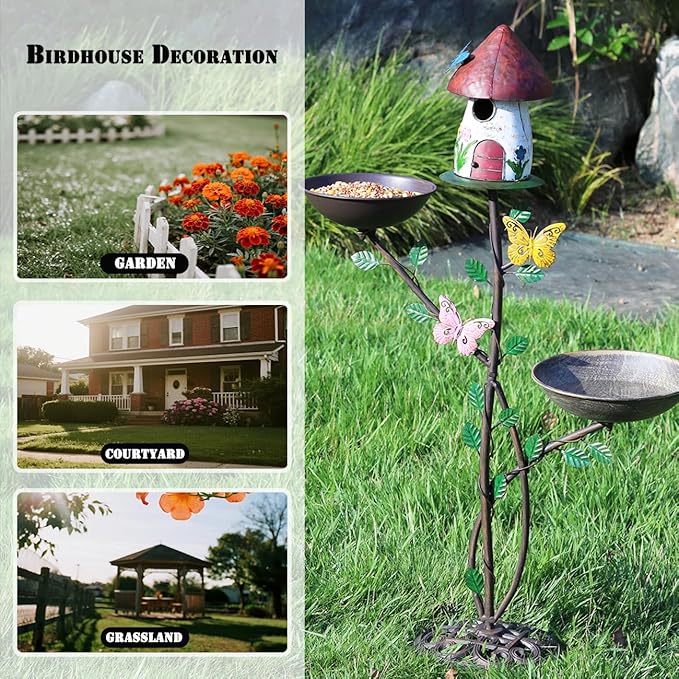 Multi-Functional Birdhouses for Outdoors, Metal Bird House with Bird Feeder and Bird Bath, 3-in-1 Suitable for Garden Decoration Yard, Cast Iron Base