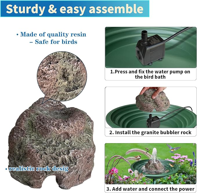 TIANCENTRAL H Electric Bird Bath Fountain Pump with Natural Rock Design, Continuous Water Bubbler (Not Solar) 7.5W Adjustable Submersible Pump with 6FT Anti-Bite Cord for Outdoor Garden & Patio Decor