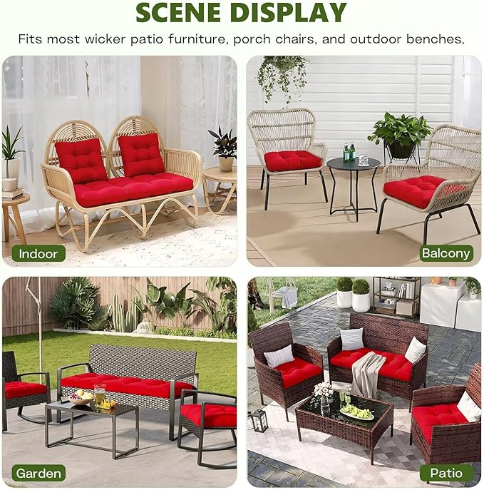 Wicker Chair Cushions Set, 2 U-Shaped Cushions & 1 Loveseat, Waterproof Outdoor Loveseat Cushion for Patio Furniture, Settee Bench Pad All Weather,Red