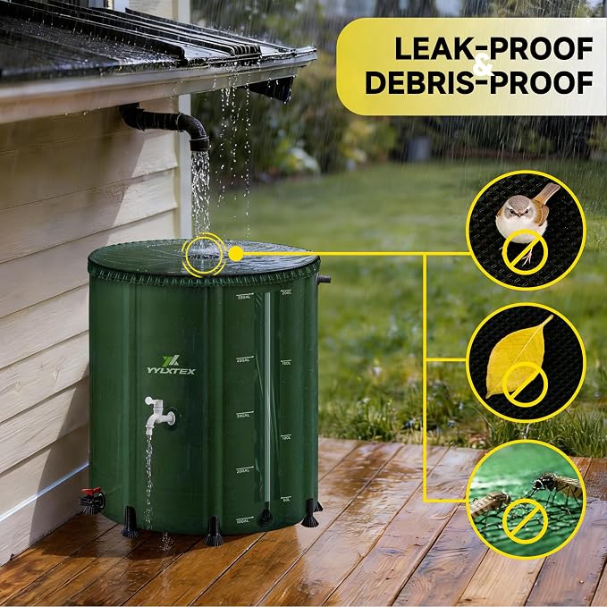 53 Gallon/200L Collapsible RainWater Collection Barrel,Water Tank&Reinforced with 2mm Frame Portable Rain Catcher,Includes Quick-Connect Tap&Sprinkler,Heavy Duty 0.6mm PVC for Long-Lasting Use,Green