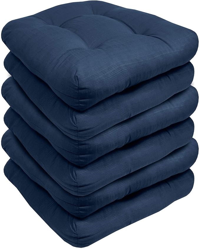 Sweet Home Collection Patio Cushions Outdoor Chair Pads Premium Comfortable Thick Fiber Fill Tufted 19" x 19" Seat Cover, 6 Pack, Navy Blue