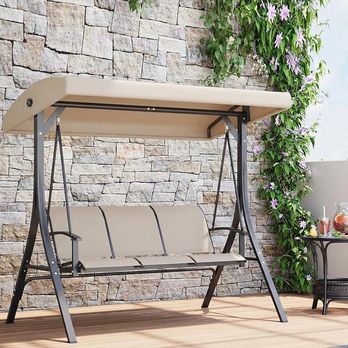 GarveeLife 3-Seat Patio Swing Chair, Outdoor Porch Hanging Chairs with Adjustable Canopy and Armrests, Breathable Textilene Fabric Seat & Backrest, Swing Bench for Garden, Poolside, Backyard, Beige
