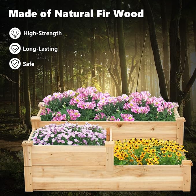 HAPPYGRILL 3-Tier Raised Garden Bed, Wood Elevated Flower Box with Open-Ended Base & Plug-in Connector, Outdoor Planter Raised Beds for Vegetables, Herbs & Fruits