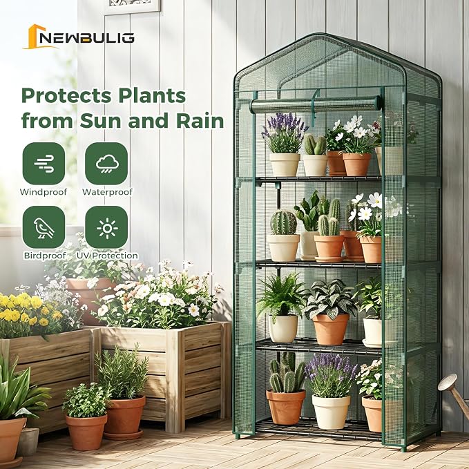 NEWBULIG Mini Greenhouse with Durable PE Cover Roll-up Zipper Door 4 Tier, 27"×19"×63" Small Greenhouse for Outdoors Indoor Balcony, Porch, Garden, Patio, Backyard Green Houses, Green