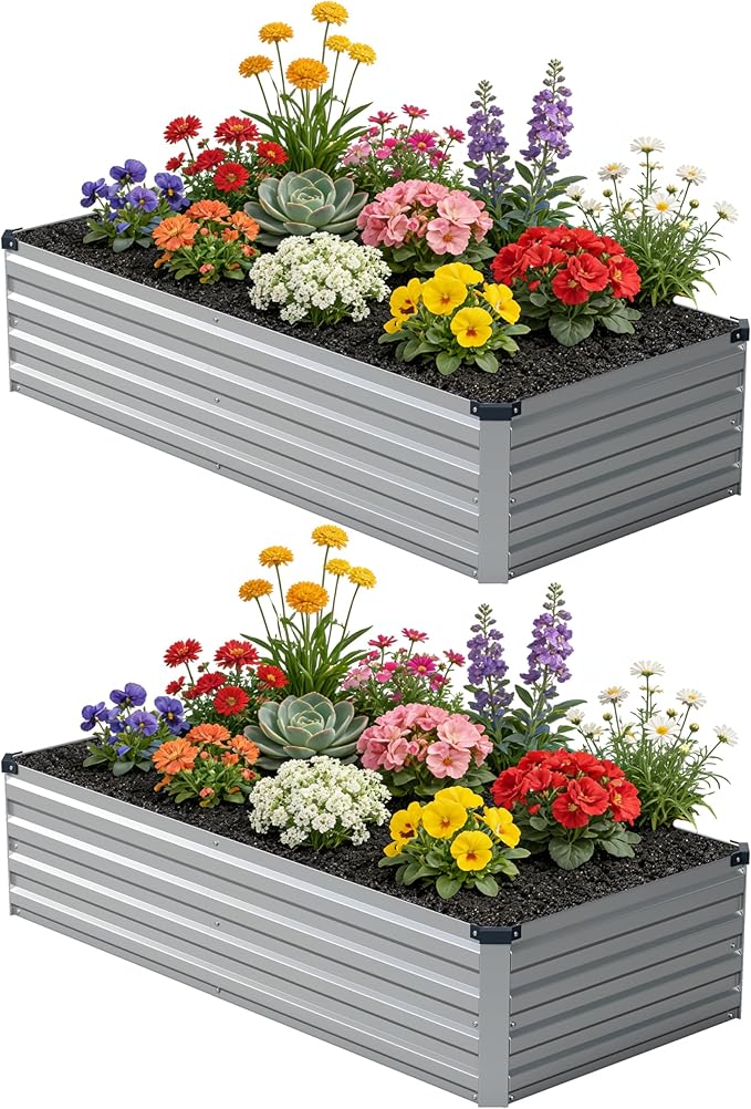 zunatu 6x1.5x1 ft(2 Pack) Galvanized Raised Garden Bed,Outdoor Planter Box Metal Patio Kit Planting Bed for Vegetables Flowers and Succulents,Silver