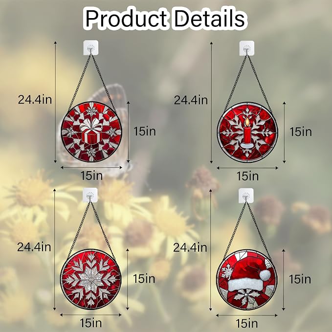 DASTOLL Stained Glass Window Hanging 4 Pcs Set Red Christmas Decorations Theme Large 15" - Suncatcher Door Garden Sun Catcher Decor Birthday for Mom Woman Nana Men Friend Wife