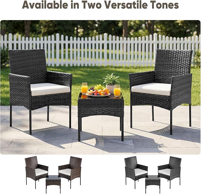 DUMOS 3-Piece Patio Furniture Set, All-Weather Outdoor Wicker Chairs with Removable Cushions & Tempered Glass Table, Small Bistro Set for Porch, Balcony, Lawn, Backyard, Black