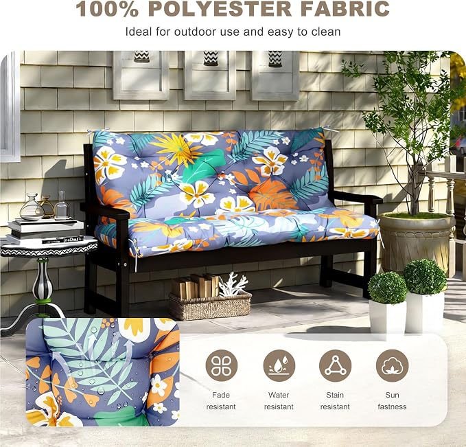 Porch Swing Cushion with Backrest,Waterproof Bench Cushion for Outdoor Furniture,2-3 Seater Replacement Thickened Swing Cushion with Ties,Patio,Outdoor,Backyard and Garden (Flower,47x40)