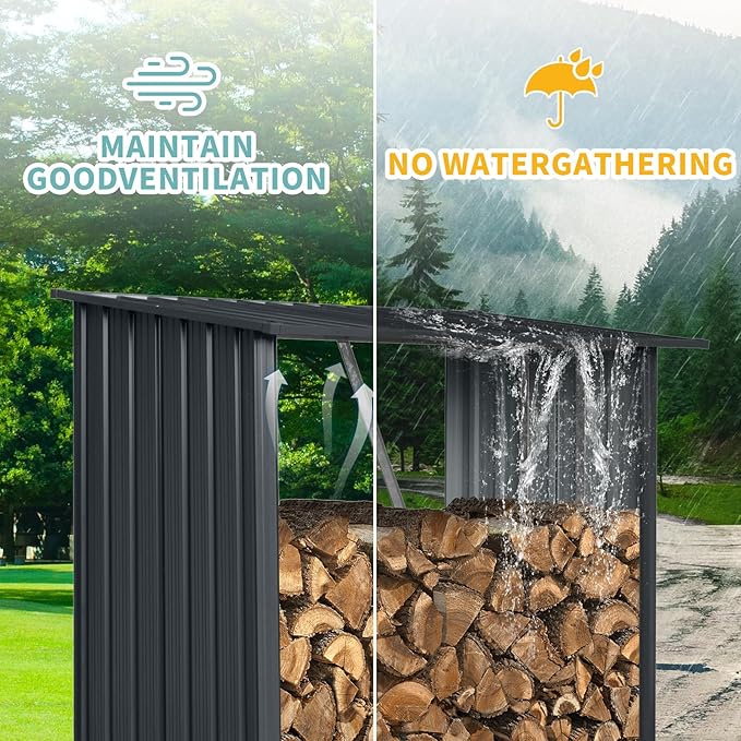 Ball & Cast 3X5 FT Outdoor Steel Firewood Rack Metal Storage Shed with Middle Stiffener and Reinforced Base,Multi-Functional Waterproof Cabinet W/Roof,for Equipment Machines,Black