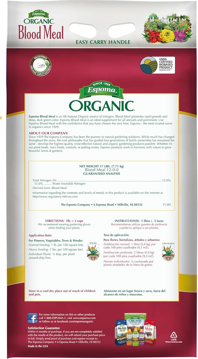 Espoma Organic Blood Meal Fertilizer 12-0-0. All-Natural Plant Food Source of Nitrogen for Organic Gardening. for Flowers, Vegetables, Trees & Shrubs. 17 lb Bag.