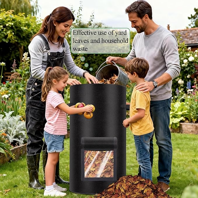 Compost Bins Outdoor with Observation Windows, 34 Gallon Reusable Home Compost Bucket for Outside Garden, Backyard, Heavy Duty Nonwoven Fabric Yard Waste Bag (1 Pack, Black)