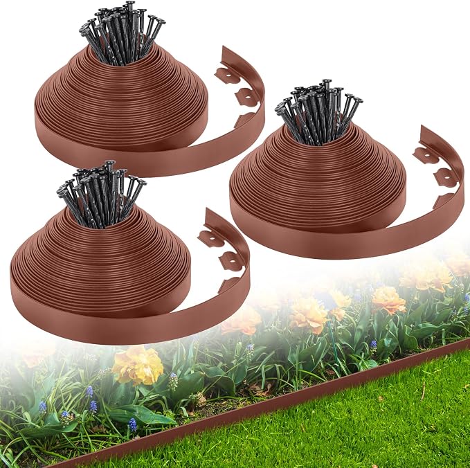 2-Inch x 200 FT Landscape Edging Border with 300 Stakes, Plastic Garden Edging Border Kit, Flexible No Dig Lawn Edging Border for Garden Flower Beds Yard Pathway Paver (Brown)