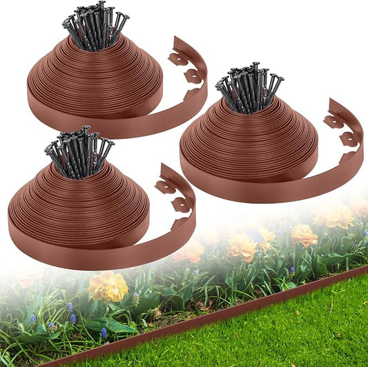 2-Inch x 200 FT Landscape Edging Border with 300 Stakes, Plastic Garden Edging Border Kit, Flexible No Dig Lawn Edging Border for Garden Flower Beds Yard Pathway Paver (Brown)