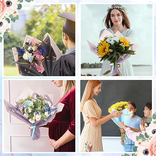 Qilery 243 Pcs Flower Bouquet Wrapping Paper Waterproof Floral Wrapping Paper Florist Supplies with Butterfly Decoration Crowns Ribbons Bouquet Pin Glue for DIY Craft (Fresh Color)