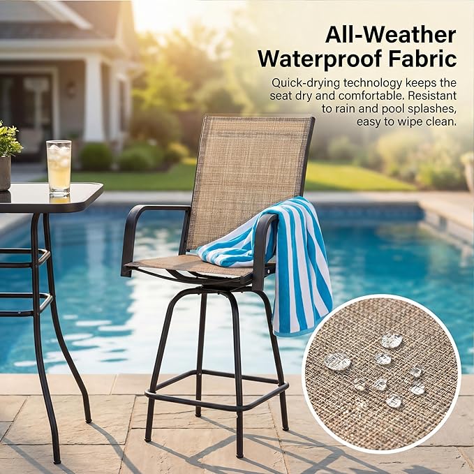 Greesum 3-Piece Patio Bar Set, High Top Table & 2 Swivel Bar Stools with Textilene Fabric, Outdoor Bistro Furniture for Balcony, Backyard, Poolside (Brown)