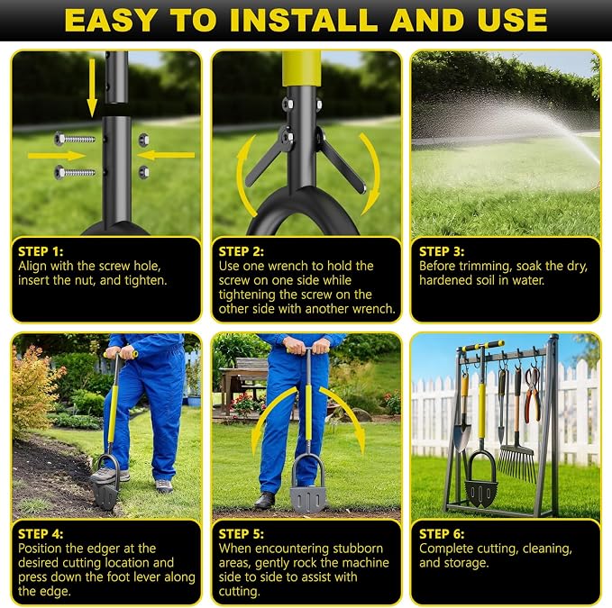 Half Moon Edger Lawn Tool with Double V-Shaped Saw-Tooth Blade & Rubber T-Grip, 40in Edging Shovel for Landscaping, Garden Edging Tool for Landscaping, Manual Lawn Edger Tools for Garden Maintenance