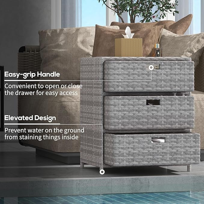 Outsunny Outdoor Towel Cabinet, PE Rattan Pool Storage Organizer, Freestanding Outdoor Towel Rack for Pool with 3 Drawers and Weather Safe Material, Gray