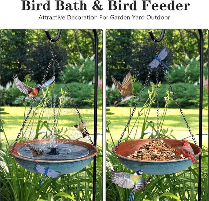 Hanging Bird Bath for Outdoors,11Inch Double Patchwork Birdbath Bowl Window Birds Feeder with 13.5 in Rust-Proof Black Chains Metal Hanging Birds Feeder for Garden Backyard Decor Copper Blue