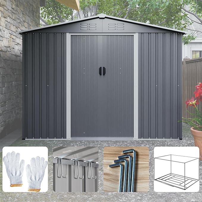 YOPTO 8X6 FT Outdoor Storage Shed with Roof,Waterproof House Tool Cabinet W/Metal Foundation & Lockable Doors,for Shovels,Umbrellas,Antennas,Escalators,Gray