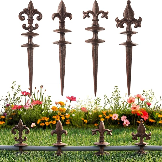 4 Pcs Antique Garden Hose Guide Spike, 13.7" Fleur De Lis Decorative Cast Iron Finial Stakes Heavy Duty Metal Plant Saver Tools Outdoor Hose Protection for Lawn Yard Patio(Rust,Assorted Styles)