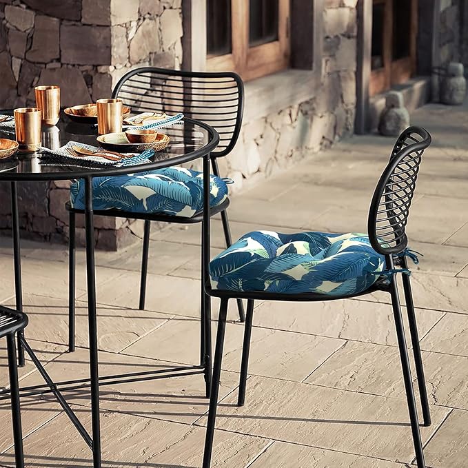 LVTXIII Outdoor Seat Cushions Seasonal Tufted Chair Cushions, Patio Chair Pads for Dining Chairs, Office Armchairs and Garden Furniture Decoration (Round Back, 19”x19”x4”, Swaying Palms Blue, 2 Pack)