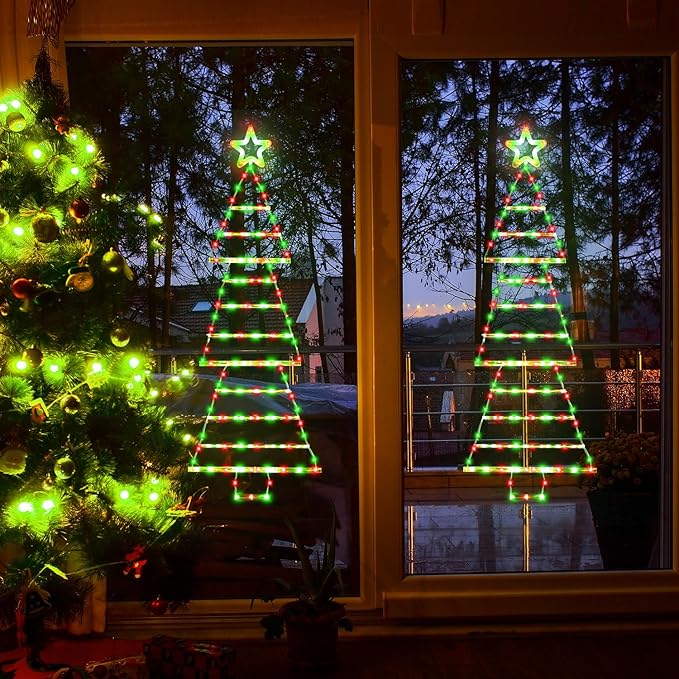 LED Christmas Lights Outdoor,4.6ft 189 LED Christmas Tree Ladder Light with Star Topper 8 Modes Christmas Decorations Lights for Indoor Outdoor, Window, Garden, Home, Wall, Xmas Tree Decor-Red &Green