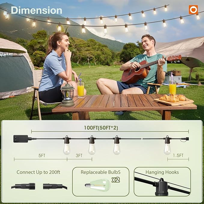 addlon 100FT LED Outdoor String Lights, Remote Dimmable Patio Lights with Timer & 3 Lighting Modes, 32 Shatterproof Edison Bulbs, Waterproof Connectable String Lights for Outside Backyard Porch Party