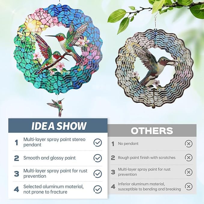 Hummingbird Wind Spinners Outdoor, IDEA SHOW 12In Mental Wind Spinners, 3D Kinetic Hanging Spinners Sculpture, Hummingbird Gift for Women Mom, Garden Decor Ornaments for Patio Yard Art