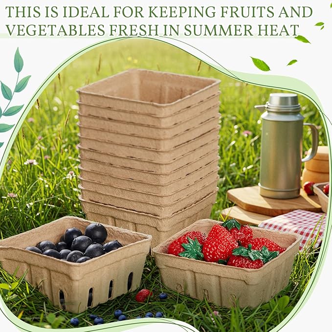 Reallnaive 50 Pack Natural Pulp Fiber Berry Baskets 1/2 Pint, Small Molded Produce Vented Basket for Strawberry, Blueberry, Raspberry, Vegetables, Farmers Market, Fruit Picking, Garden Harvest, Party