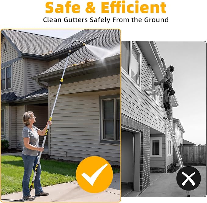 20FT Reach Gutter Cleaner, Gutter Cleaning Tools from the Ground with 3/4" Brass Shut-Off Valve & Bendable 360° Rotating Water Wand for Garden Hose, Safe Cleaning for 2nd Story Homes