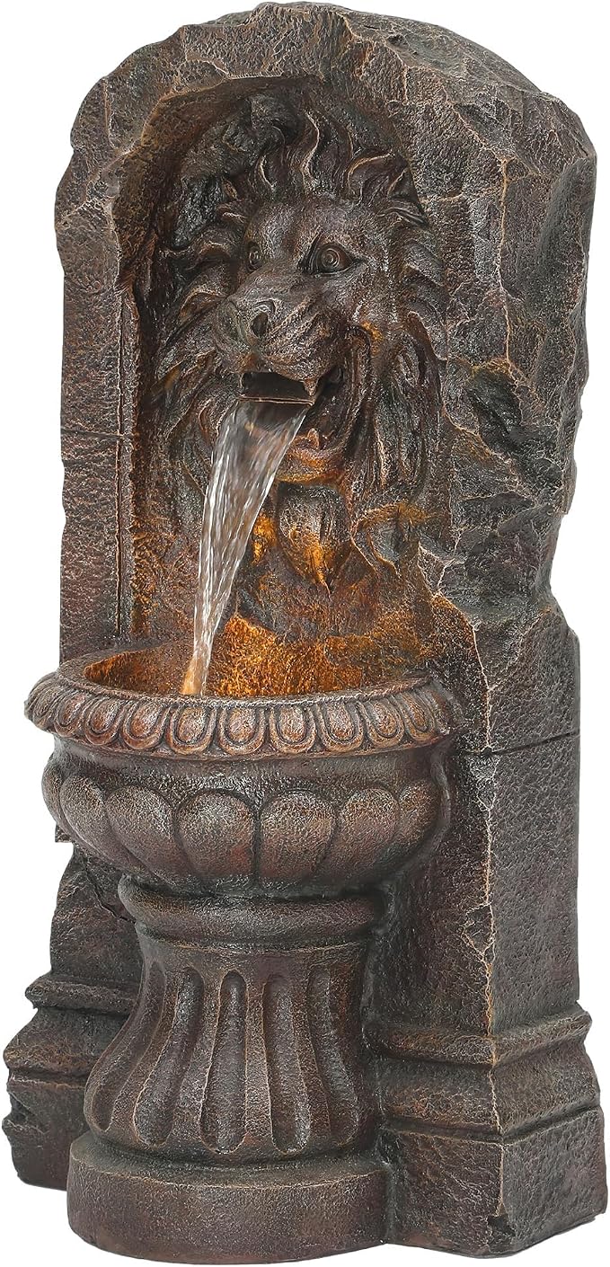 AUTODAYA 30" Majestic Lion Head Outdoor Water Fountain, Rustic Stone Pedestal Cascading Water Feature with Warm LED Lights, Tranquil Oasis for Outside Garden Patio Yard Decor