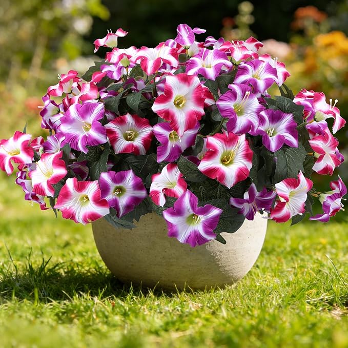 Geegoods Artificial Flowers Plants for Outdoors, 4 Bundles UV Resistant Fake Faux Petunias for Outdoor Planters Patio Front Porch Balcony Garden Decor