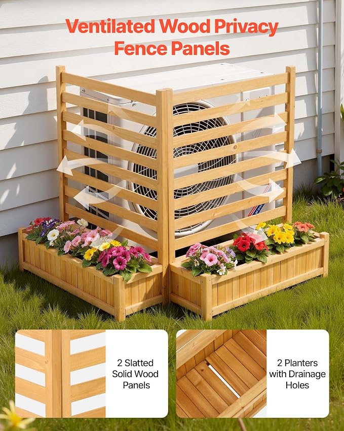 VEVOR Wooden Privacy Fence, 36 x 45 inch Air Conditioner Fence, 2 Slatted Panel Solid Outdoor Wood Privacy Screen with 2 Planters, Metal Stakes, Trash Can Hider Fences Suitable for Garden, Pool