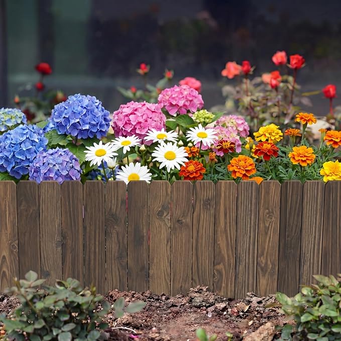 Garden Wooden Fence Edging, Burnt Wood Finish, Fir Wood,Outdoor Lawn Landscape Border (1, 11.8" Height)