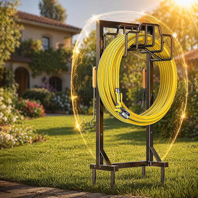 Skycarper Garden Hose Reel Holder Detachable Metal Water Hose Hanger Organizer Heavy Duty Free Standing Hose Stand,Bronze