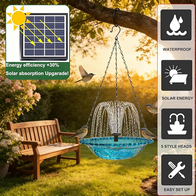 4 Pack Hanging Bird Baths Bowl Outdoor Bird Feeder 15.7 Inch Metal Chains, Weather-Resistant Hanging Bird Feeder & Bath Tray for Garden, Patio, Backyard Wildlife Decor (Solar Style)
