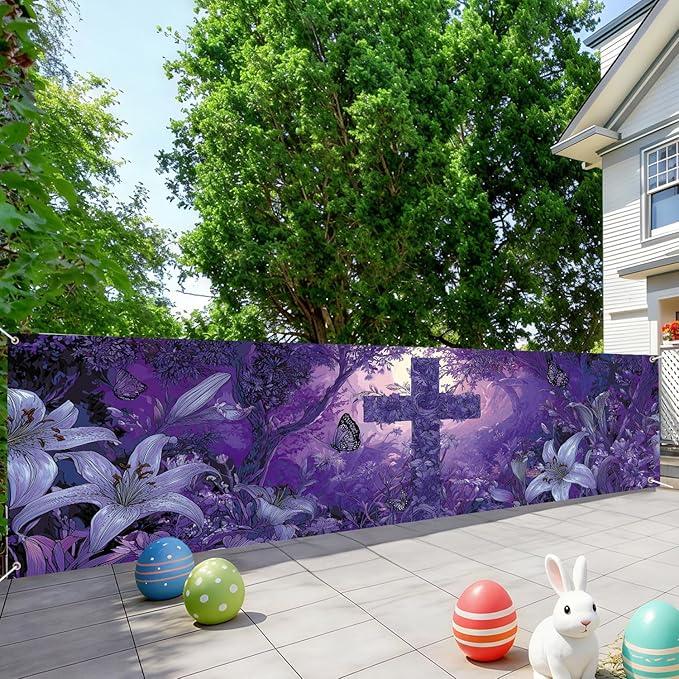 Purple Christian Cross Fence Banner 118 x 35 Inch, Large Waterproof Outdoor Religious Floral Banner with Lilies & Butterflies for Yard Church Decorations