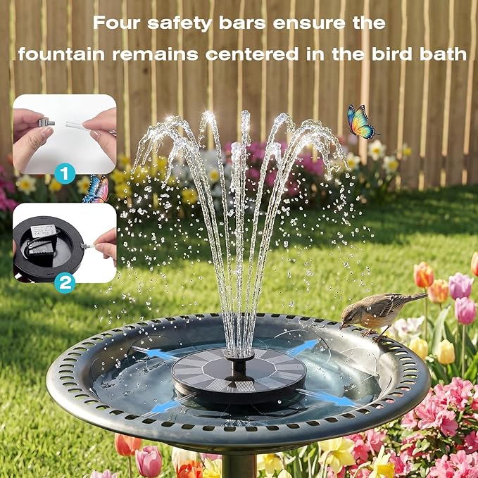 AMZtime Solar Fountain for Bird Bath, 1.4W Solar Fountain Pump 6 Nozzles, 2026 New Free Standing Solar Powered Water Pump for Outdoor, Garden, Fish Tank, Pond and Pool