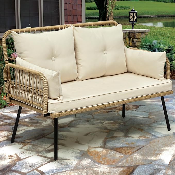 YITAHOME Patio Furniture Wicker Outdoor Loveseat, All-Weather Rattan Conversation for Backyard, Balcony and Deck with Soft Cushions (Light Brown+Beige)